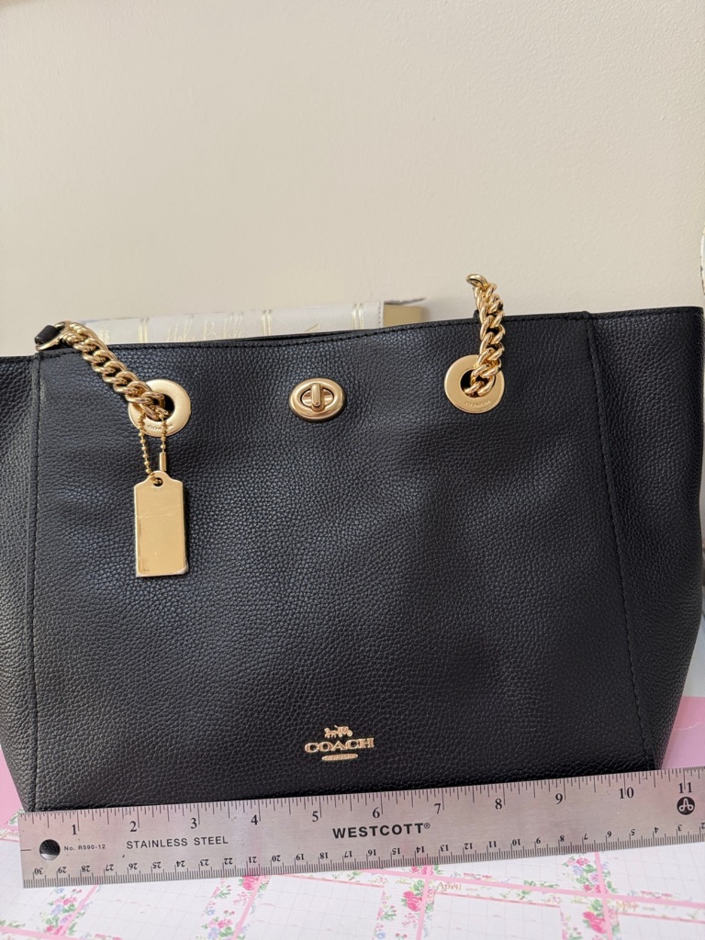 Coach Black Leather Tote with Gold Chain Handles - Picture 11 of 15